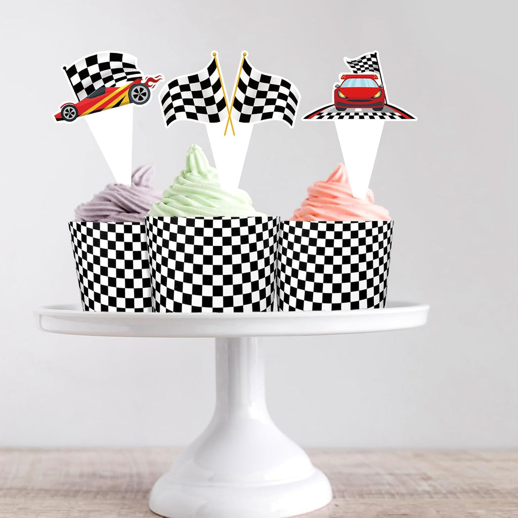 48 Pack Race Car Cupcake Toppers and Wrappers, Race Car Party Cake Decoration for Racing Checkered Theme Birthday Party Baby Shower Supplies