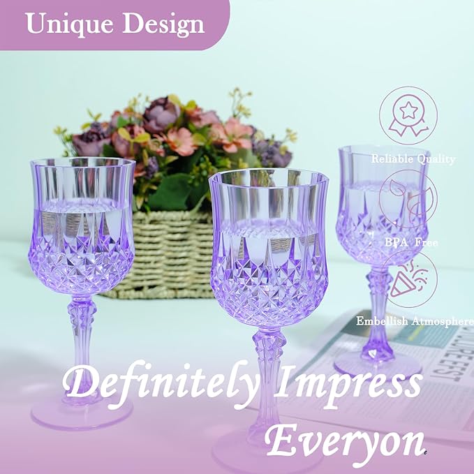 Plastic Wine Glasses，Plastic Goblets Vintage Style Cordial Drinking Glasses for Wedding Reception, Grand Event Party Supplies (24, Purple)