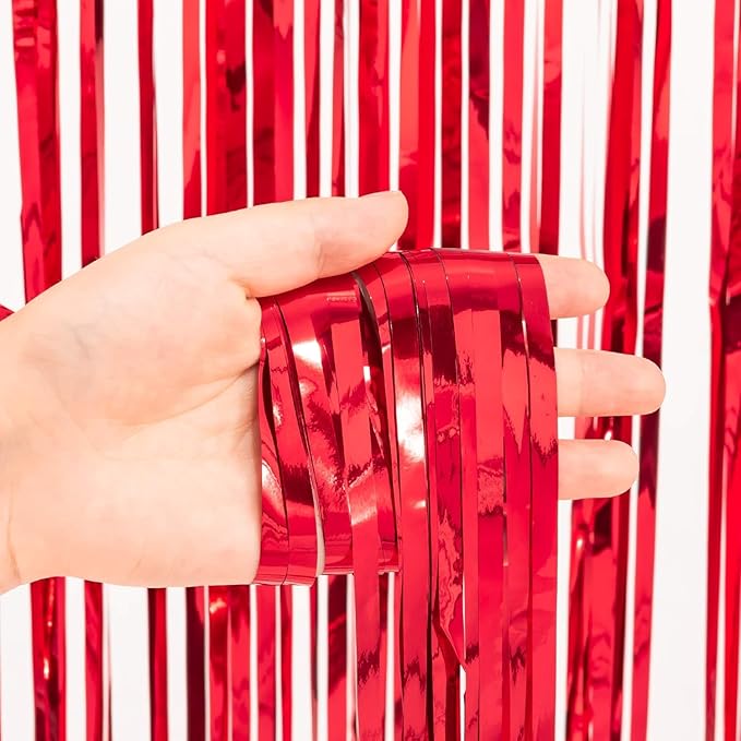 Foil Fringe Curtain Christmas Party Decorations - Red Metallic Tinsel Photo Booth Backdrop Party Steamers Curtains for Christmas New Years Valentines Engagement Celebration Party