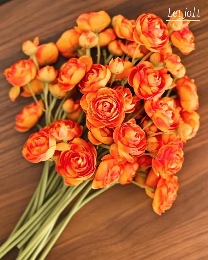 Letjolt Ranunculus Artificial Flower 18 Pcs Orange Silk Ranunculus Wedding Bouquet Engagement Centerpieces Arrangements Bridal Shower Decorations Home Decor, Orange