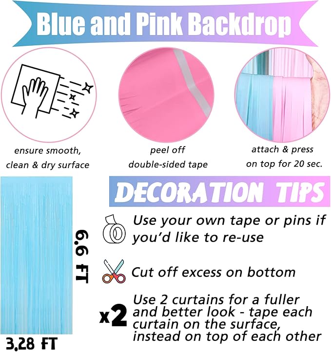 4 Pack 3.2Ft x 6.6Ft Pink Blue Fringe Curtain Backdrop, Metallic Tinsel Foil Fringe Streamers Curtains Background for Photo Booth Wedding Gender Reveal Backdrop Boy or Girl Birthday Party Decoration
