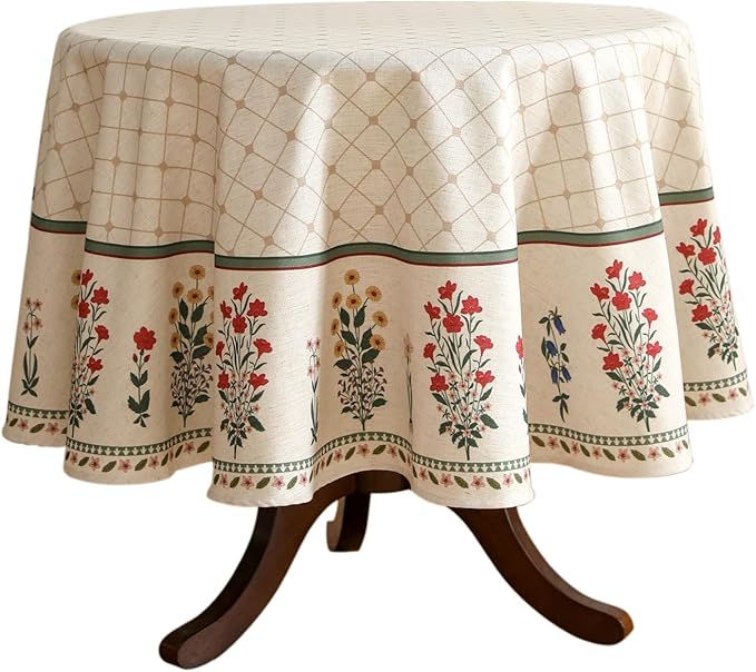 ISAENNE Designer Vintage Linen Floral Round Tablecloth,Fall Colorful Modern Table Cloth,Anti-Wrinkle Decor Tablecloths for Dining Thanksgiving Kitchen Christmas,Diameter 67"-Bertina E