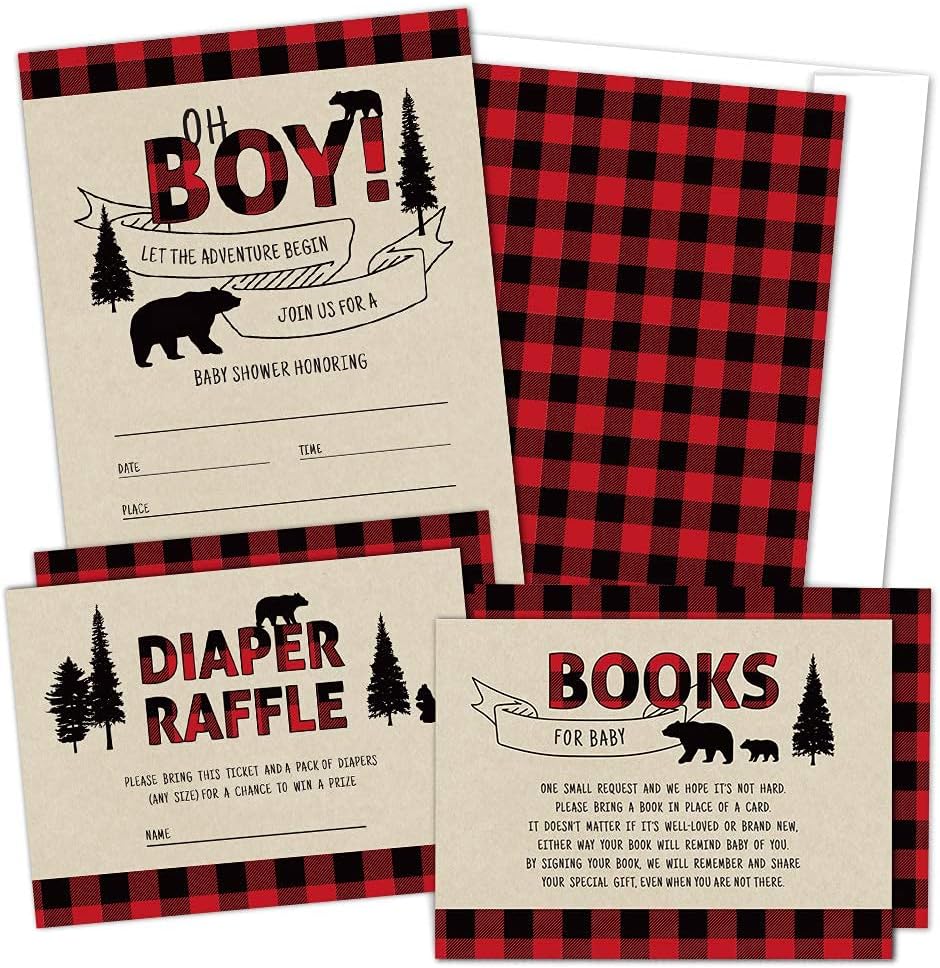 Baby Shower Invitations for Boy with Envelopes (Set of 25) - Lumberjack Baby Shower Invitations with Diaper Raffle Tickets and Book Request Cards - Rustic Buffalo Plaid Oh Boy Baby Shower Invites