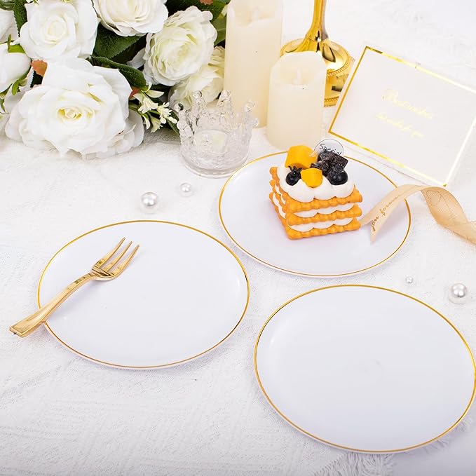 Festiva 200Pcs Gold Dessert Plates 6.3" with Forks 5"- Small Disposable Dessert/Cake/Appetizer Plates Plates- serve 100 guests include 100Plates 100Forks for Wedding Party&Thanksgiving&Christmas