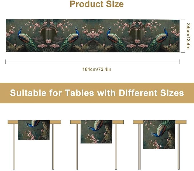 Peacock Table Runner,Vintage Aesthetic Peacock Birds Table Runner for Home Kitchen Dining Party Indoor Outdoor Decoration 13x120 Inch