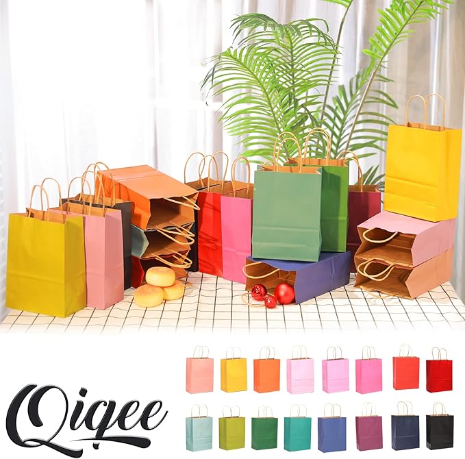 qiqee 200Pcs Paper Gift Bags with Handles - 8.3"x6"x3.15" Small Party Favor Bags Multiple Uses - 16 Solid Colors