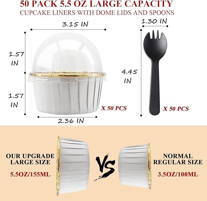 50 Pack Jumbo Cupcake Cups with Lids,LNYZQUS 5oz Foil Cupcake Muffin Liners,Disposable Ramekins Pans Muffin Tins,Large Baking Cups Cupcake Wrappers Holders -White in gold