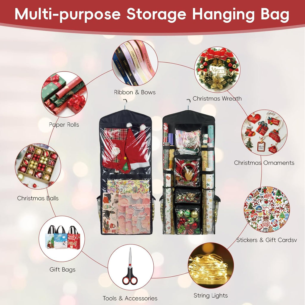Wrapping Paper Organizer, Double-Sided Hanging, Over Door Gift Wrap Storage with Multiple Pockets, Side Pockets, Elastic Straps, Organize Ribbons, Bows, Tools, Space-Saving Closet,Cabinet Design,Black