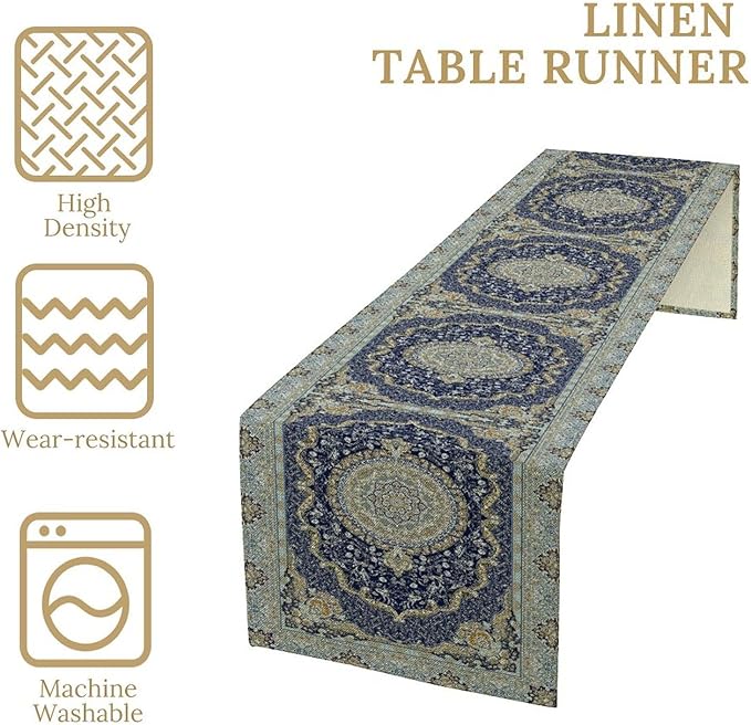 Boho Bohemia Style Blue Teal Table Runner, Country Rustic Farmhouse Magical Abstract Print Pattern for Home Kitchen Table Decor Dining Coffee Room Garden Party Decor 13x60in