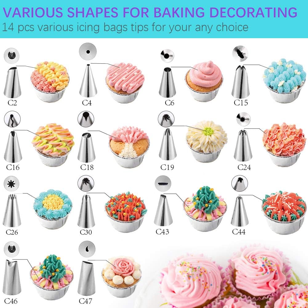 Piping Bags and Tips Set, Cake Decorating Kits with 14 Stainless Steel Baking,2 Reusable Silicone Pastry Bags,3 Icing Smoother, 2 Couplers,2 Ties&2 Cupcakes for Baking Decorating Cake,25 Pcs