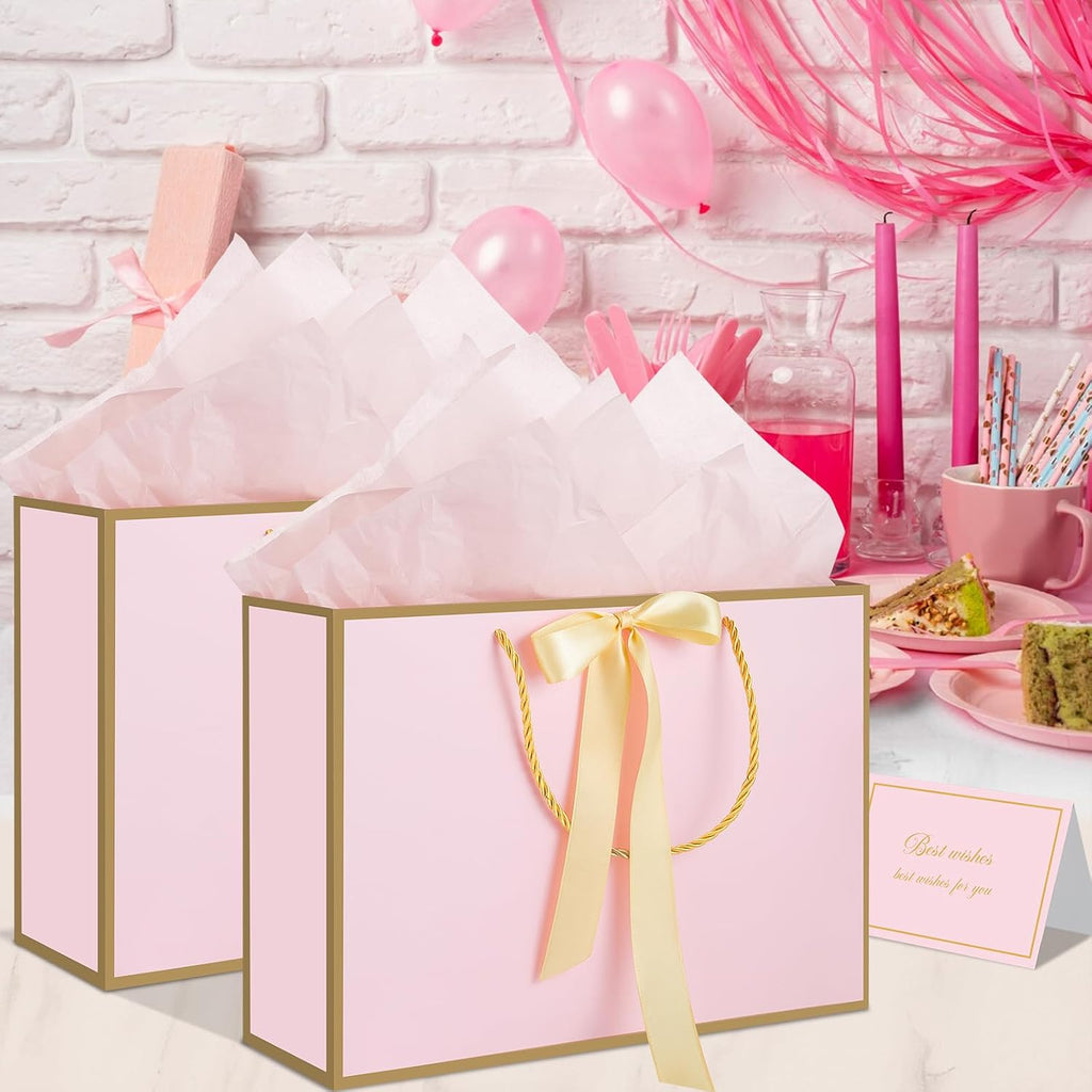 woric Pink Gift Bags with Handles, 14" Medium Gift Bags with Tissue Paper, 2 Pcs Pink Bags with 4 Tissue Paper and 2 Cards for Baby Shower Wedding Bridal Shower Birthday Party