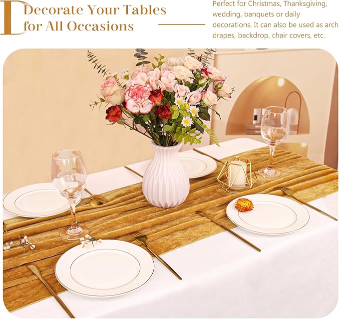 Velvet Table Runner 20 x 120 Inches 10ft Luxurious Thick Soft Velvet Christmas Thanksgiving Wedding Reception Table Runner for Party Reception Decorations(Gold, 6 Pack)