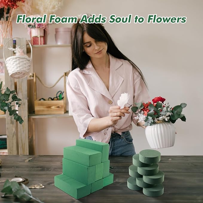 8 Pcs Round Floral Foam Blocks for Fresh & Artificial Flowers, 6.5" Wet & Dry Green Flower Foam for Indoor Outdoor Floral Arrangements, Large Styrofoam Block for Wedding, Birthdays, Home Décor