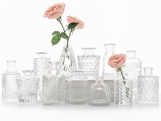 12pcs Glass Bud Vase Set, Small Clear Flower Vases for Centerpieces in Bulk, Mini Vintage Vase for Wedding, Home,Table Decoration