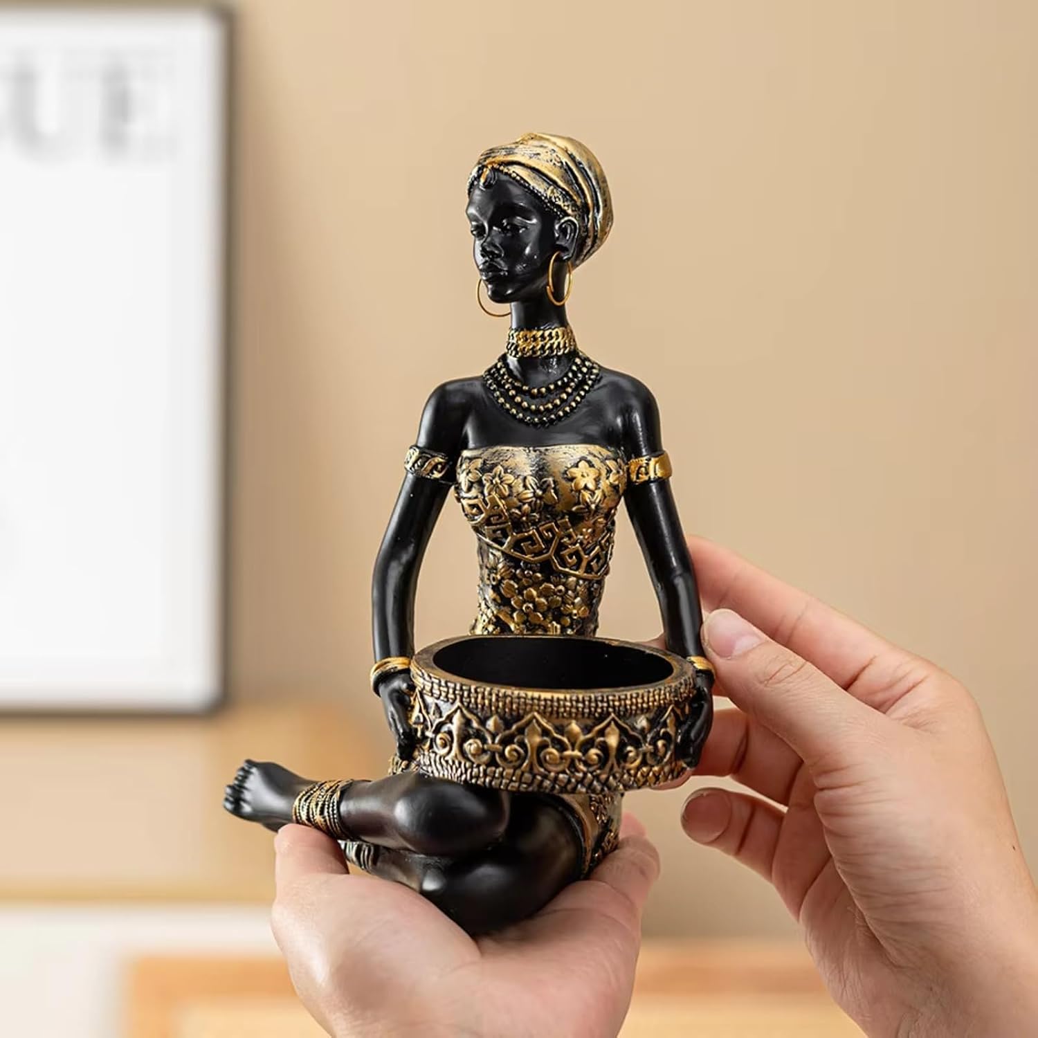 African Tribal Woman Statue Resin Figurine Candlestick Art Sculpture Home Decor Exotic Decor for Living Room Office Storage (A)