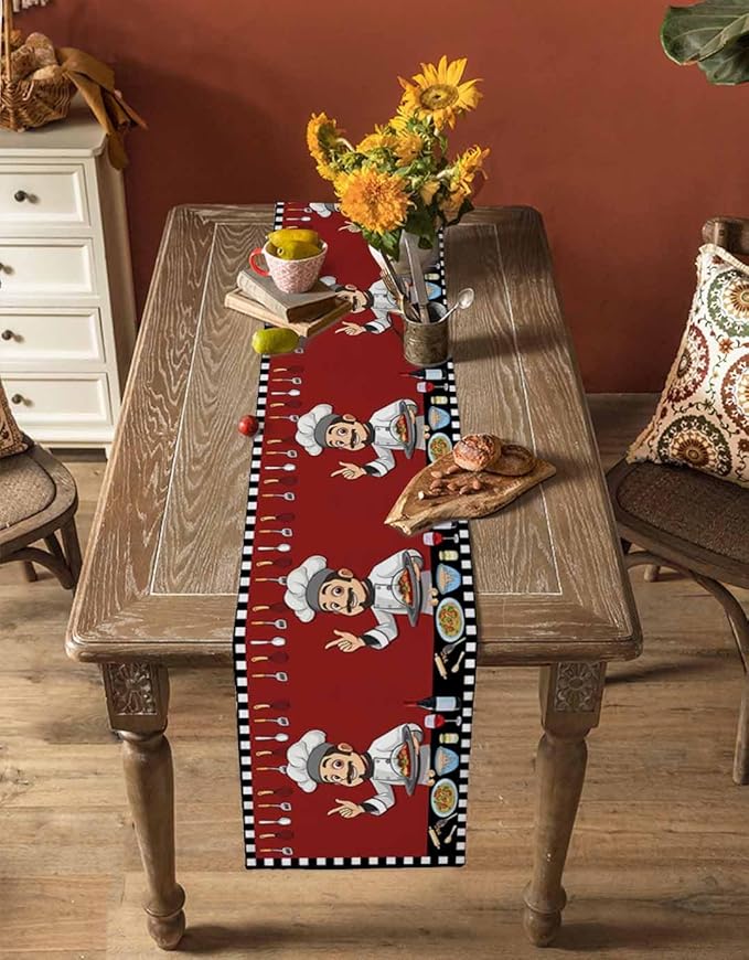 Red Chef Gourmet Cotton Linen Table Runner for Dining Kitchen, Wedding Outdoor Party Tablerunners Decoration, Black White Check Plaid Funny Kitchen Dresser Scarf Coffee Tablecloth Runners 13x90 Inches