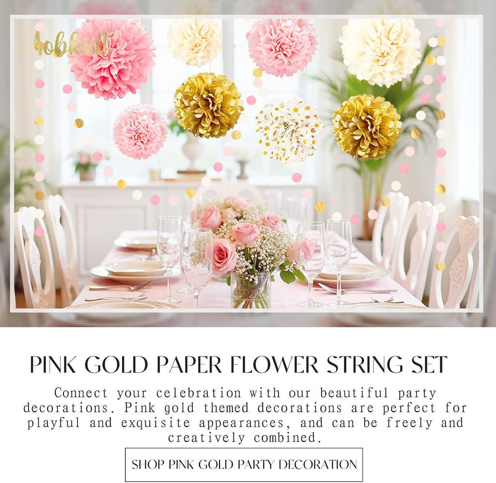 AOBKIAT Wedding Baby Shower Decorations Set,15PCS Pink Gold for Girls Women | with Tissue Paper Pom Poms,Colorful Garland String Hanging Backdrop for Birthday,Bridal Shower,Gender Reveal Celebration