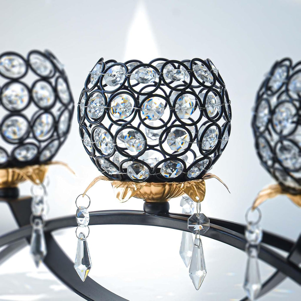 Set of 3 Crystal Tea Light Candlestick Holders Flower Shape with Crystal Pendant Bowl Votive Metal Candle Holder for Table Centerpieces Wedding Home Decor (Black+Gold)