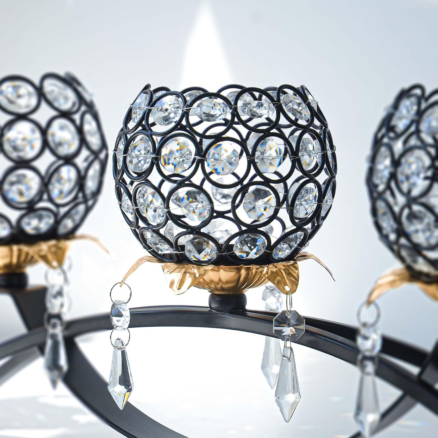 Set of 3 Crystal Tea Light Candlestick Holders Flower Shape with Crystal Pendant Bowl Votive Metal Candle Holder for Table Centerpieces Wedding Home Decor (Black+Gold)