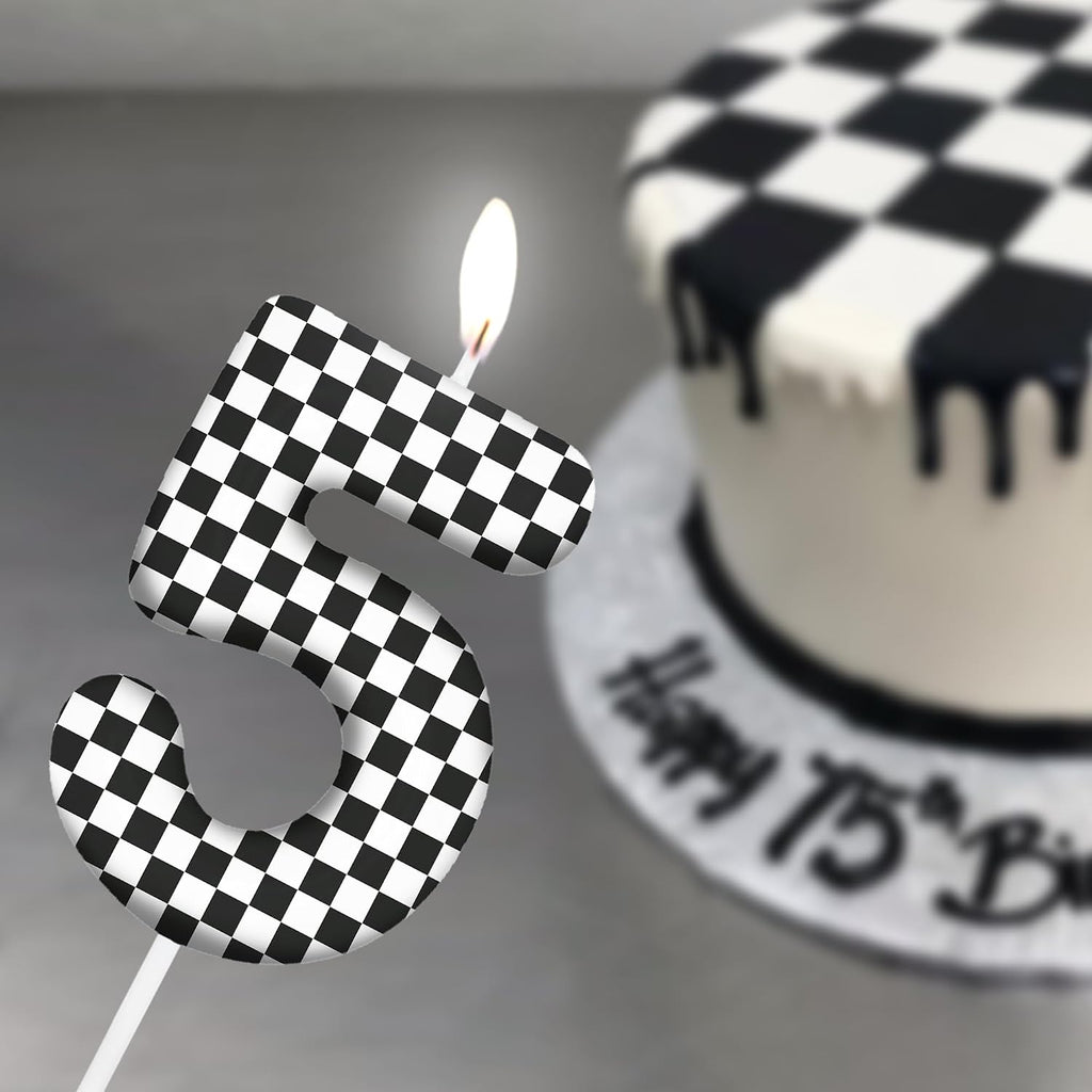 Race Car Birthday Number 4 Candles Cake Topper Birthday Party Decorations | Black and White Checkered Flag Themed Birthday Candles for Cupcake Topper Boys Girls Party Supplies