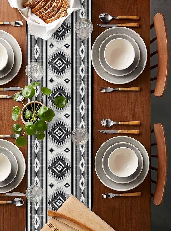 Aztec Southwest Cotton Linen Table Runner for Dining Kitchen, Wedding Outdoor Party Tablerunners Decoration, Boho Ethnic Tribes Vintage Grey Dresser Scarf Coffee Tablecloth Runners 13x108 Inches