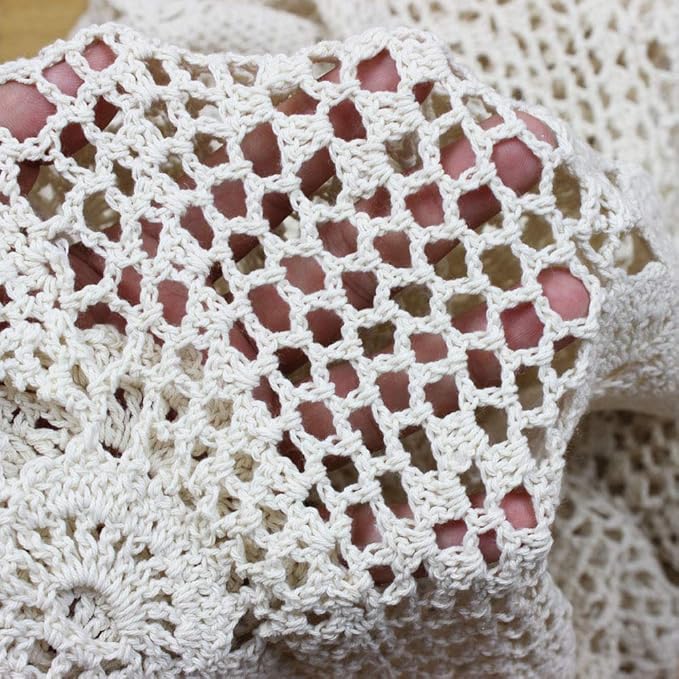 KEPSWET Cotton Handmade Crochet Lace Table Runner Beige Rectangle Coffee Table Dresser Decor (14x48 inch)