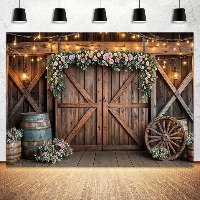 20x10ft Country Wedding Photography Backdrop Rustic Barn Door Photography Backdrop Farmhouse Pink Flower Cabin Wooden Birthday Baby Shower Wedding Bridal Party Banner Photo Booth Props Background