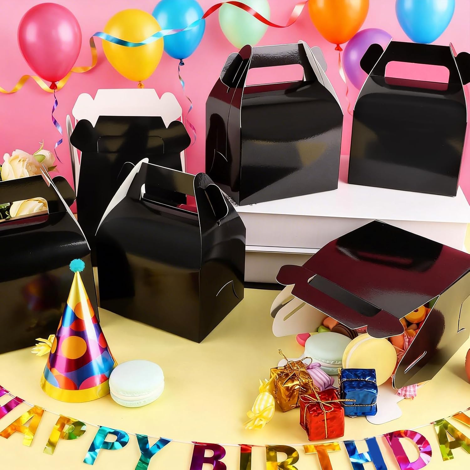 Hooqict 24 Pack Black Party Favor Treat Boxes Paper Gable Gift Boxes with Handles for Party Favors Snack Goodie Candy Cookie Desserts, 6.7x5.1x3.5 Inch