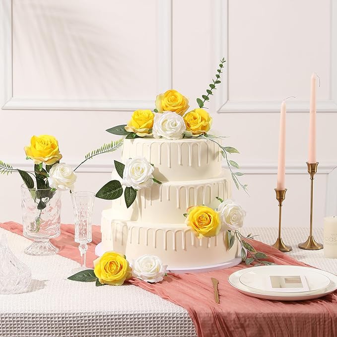 Tifuly Yellow Roses Artificial Flowers -12 pcs Realistic Single Long Stem Fake Silk Roses Bouquet for Party Home Wedding Centerpiece Office DIY Decor