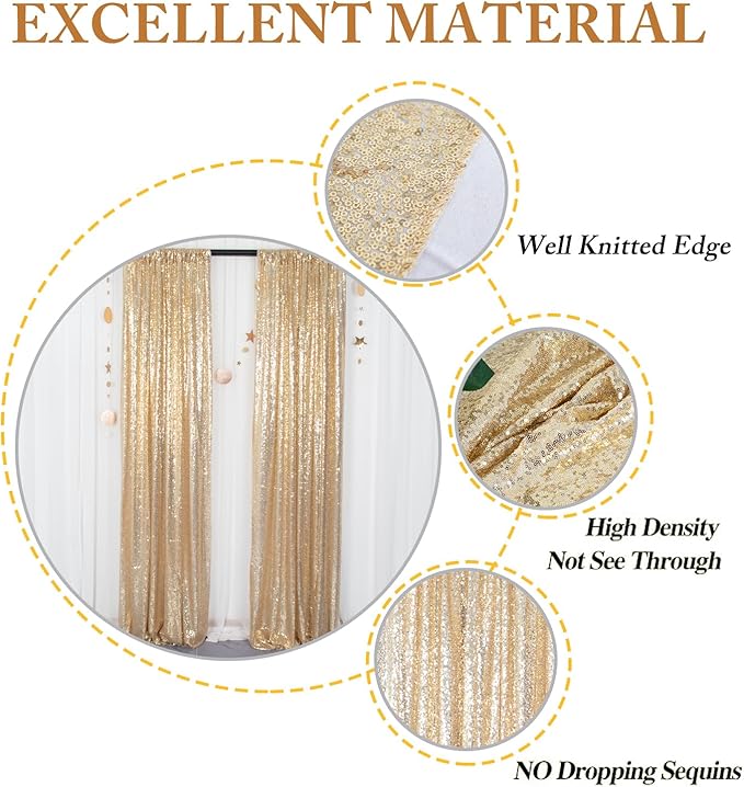 ShinyBeauty Light Gold Backdrop Sequin Curtains 4FTx7FT 2 Pieces Photograph Backdrops Golden Curtain Panels Shimmer Background for Birthday,Party,Wedding,Photoshoot Decor(8FTX7FT)