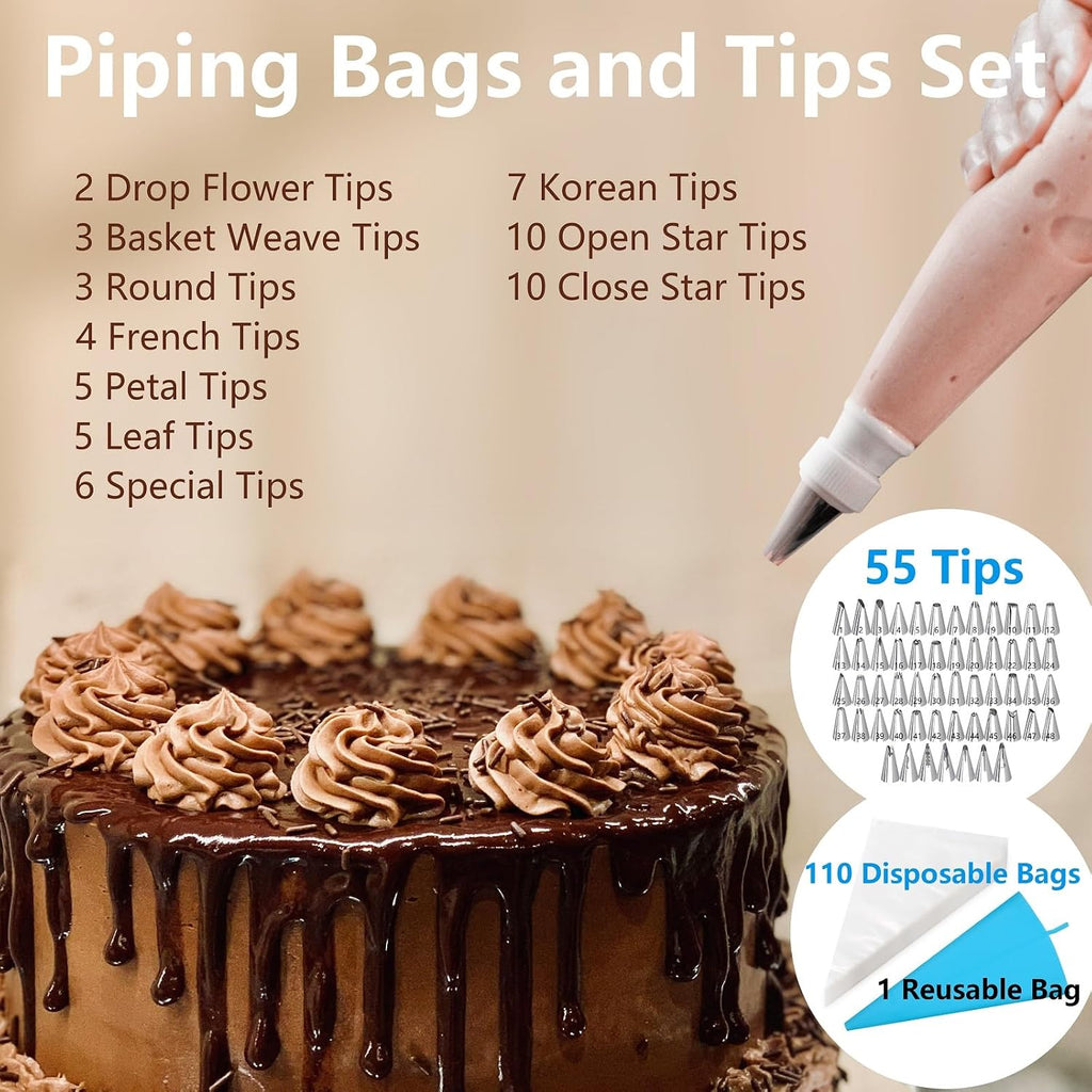 200PCs Cake Decorating Supplies Kit for Beginners - Cake Turntable, 55 Icing Piping Tips, Straight & Offset Spatula, 110+1 Piping Bags, Cake Leveler, Scraper Sets & Baking Tools
