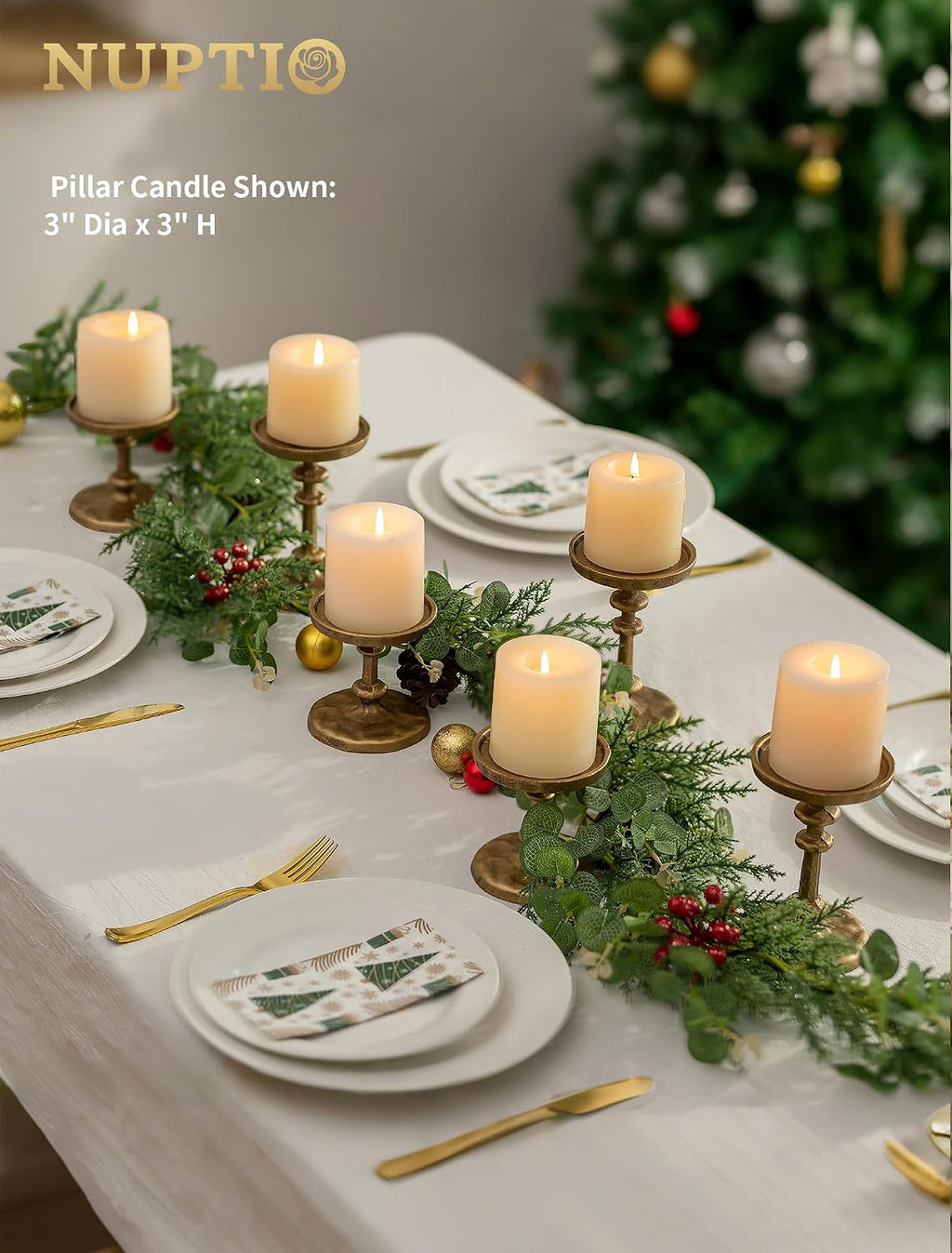 NUPTIO Gold Candle Holders for Pillar: Antique Brass Cast Iron Candleholder for 3 Inch Pillars -Heavy Metal Candle Stand for Christmas Party Table Decor