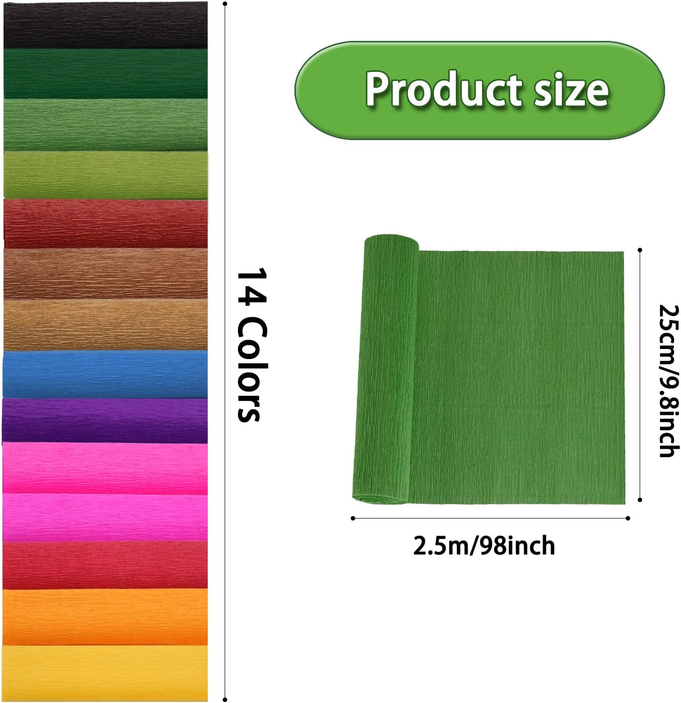 Crepe Paper Flower DIY 14 Colors, 9.8 x 98 Inch Wide Paper for Gift Wrapping, Crafts, Flower Birthday Parties Weddings Festival Decoration (Multiple Colors 1)