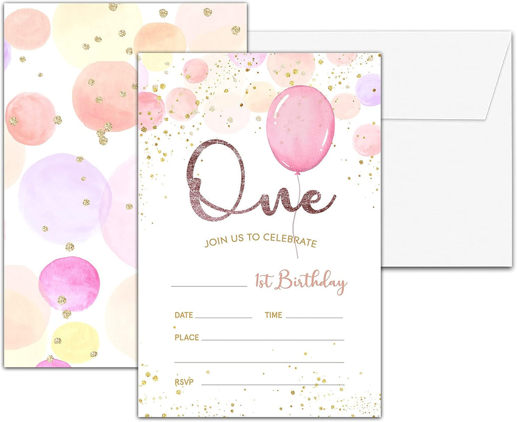 1st Birthday Party Invitations, Balloon Glitter Birthday Invitations, Double-Sided Fill In Birthday Invites, Birthday Party Favors Decorations Supplies, 20 Cards With 20 Envelopes(Invite-A04)