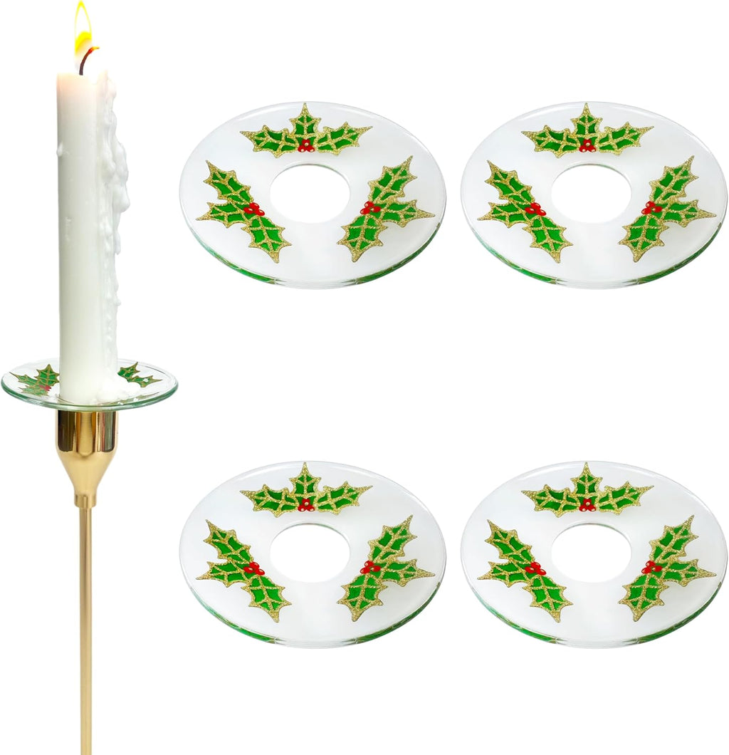 4 Pieces Patterned Glass Bobeches for Candlestick Holder, Christmas Holly Design, Candle Drip Protector Guard, Wax Catcher Ring Accessories (Christmas Holly)