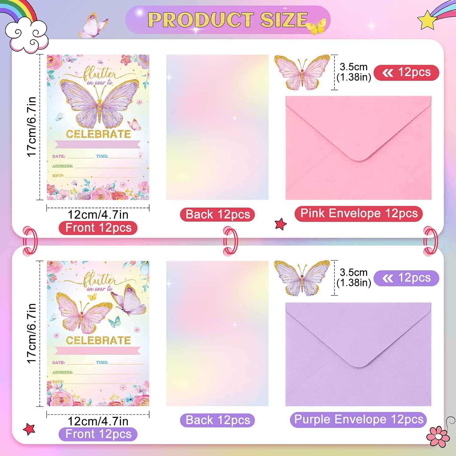 Sepamoon 24 Sets Butterfly Birthday Invitations Girl with Envelopes and Stickers, Baby Shower Invitations for Girl, Butterfly Birthday Party Invitation Cards for Children Party Supplies Favors(Purple)