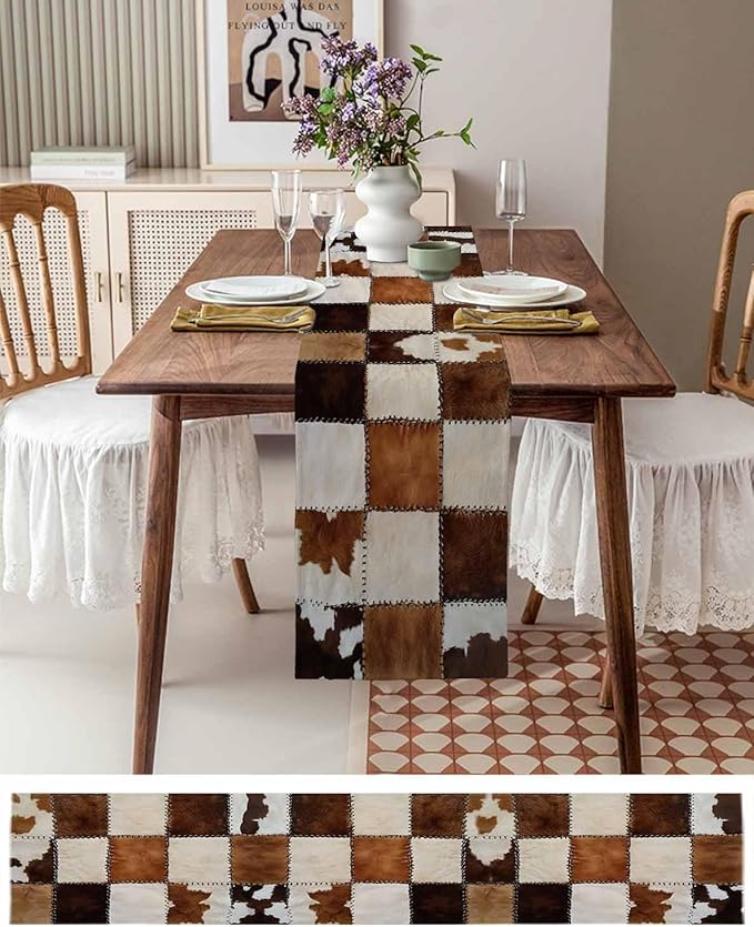 Abstract Cowhides Cotton Linen Table Runner for Dining Kitchen, Wedding Outdoor Party Tablerunners Decoration, Brown Beige Animal Fur Texture Dresser Scarf Coffee Tablecloth Runners 13x36 Inches
