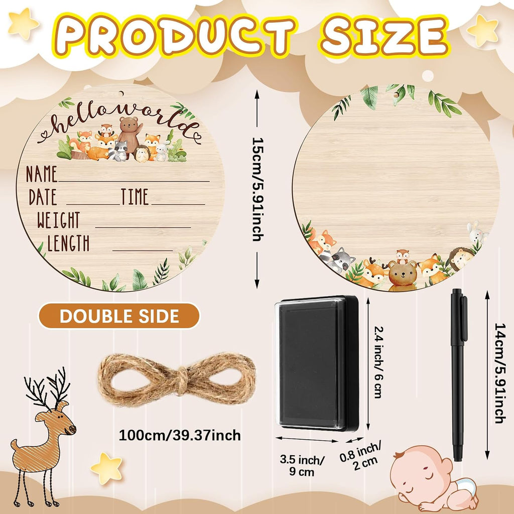 Thyle Baby Announcement Wooden Name Sign for Hospital Birth Double Sided Newborn Welcome Sign with Marker Pen and Ink Pad for Baby Shower Hand Footprints(Jungle)