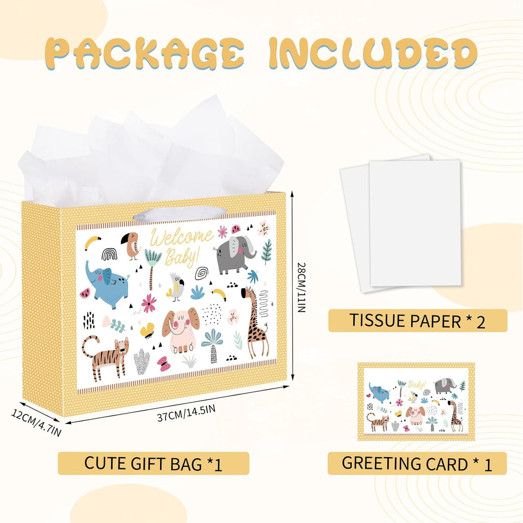 woric 14.5" Baby Gift Bag for Baby Shower with Tissue Paper and Greeting Cards for Boys Girls Birthday Party(Cute Animals)