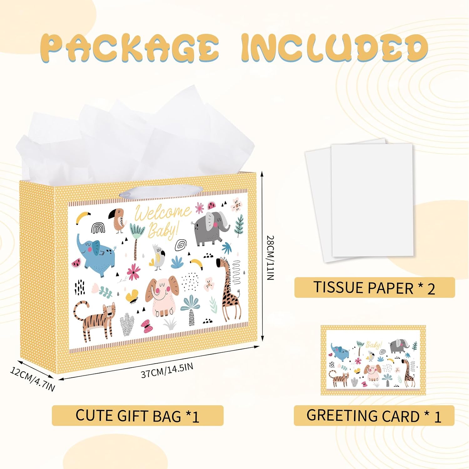 woric 14.5" Baby Gift Bag for Baby Shower with Tissue Paper and Greeting Cards for Boys Girls Birthday Party(Cute Animals)