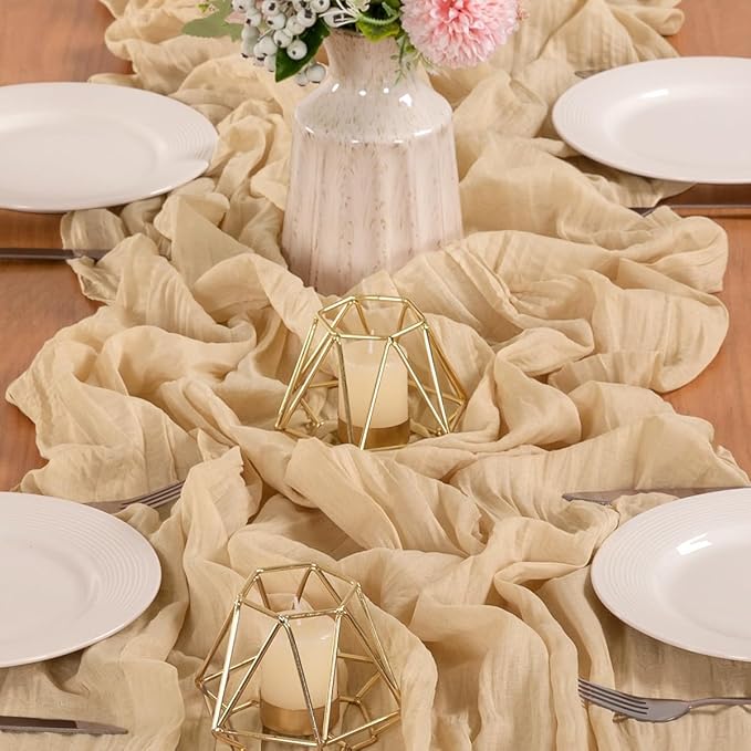 MLMW 4 Pack Champagne Gold Table Runner Cheesecloth Boho Gauze Rustic Cheese Cloth 160 inch Sheer Wedding Table Runner 13.3ft for Thanksgiving Party Baby Bridal Shower Birthday