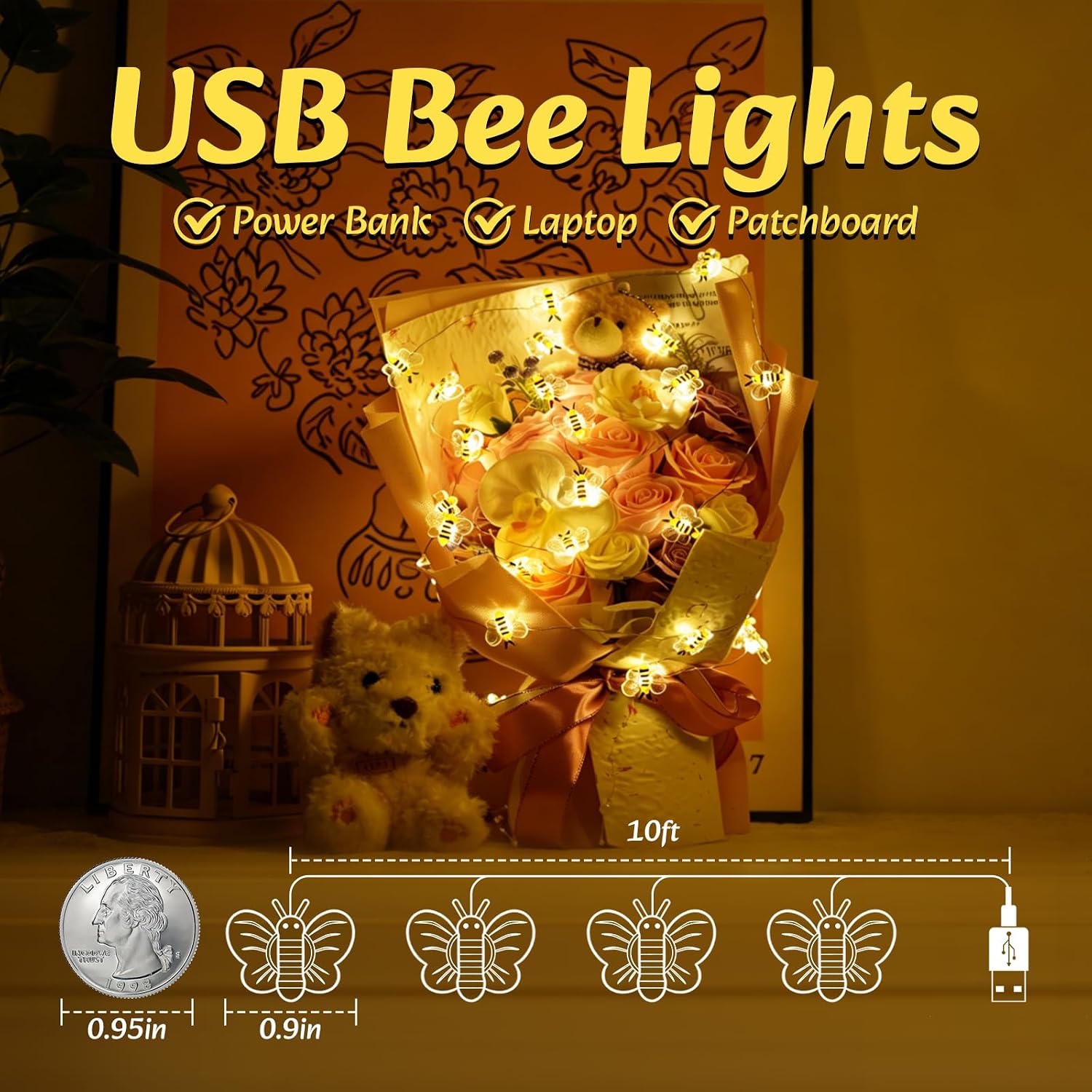 Bee Decor USB String Lights 10Ft 30 LEDs Bee Bumble Whimsical Decorations Honey Gifts for DIY, Home, Classroom, Birthday, Kids Room, Garden, Baby Shower, Party