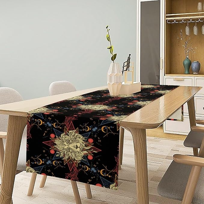Boho Moon Lion Table Runner, Chinese Fish Phase of The Moon Sun Moon Table Runner for Kitchen Dining Table Home Party,13x36 Inch Black Red