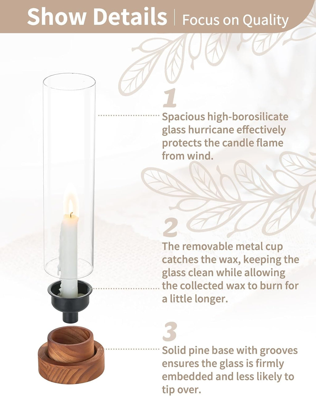 NUPTIO Hurricane Glass Candle Holders with Wax Catchers, Dripless, Set of 2 | Metal Bobeches Catch Drips, Clear Chimney Glass, Brown Wood Bases, for Modern Weddings, Dining Tables, Easy Clean and Reuse