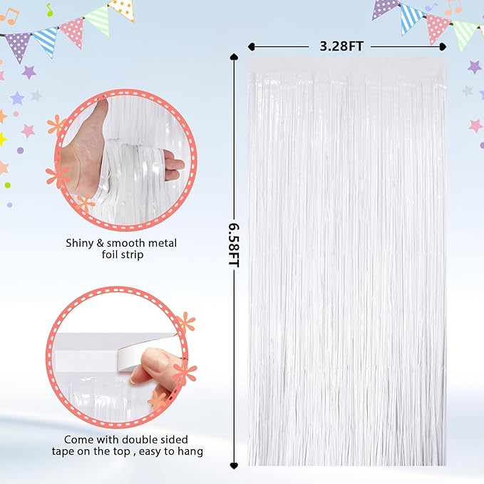 2Pack White Metallic Tinsel Foil Fringe Curtains, White Streamer Backdrop Curtains for Birthday Party Decorations, Fringe Backdrop for Wedding Foil Curtain Backdrop for Bachelorette Party Disco Party