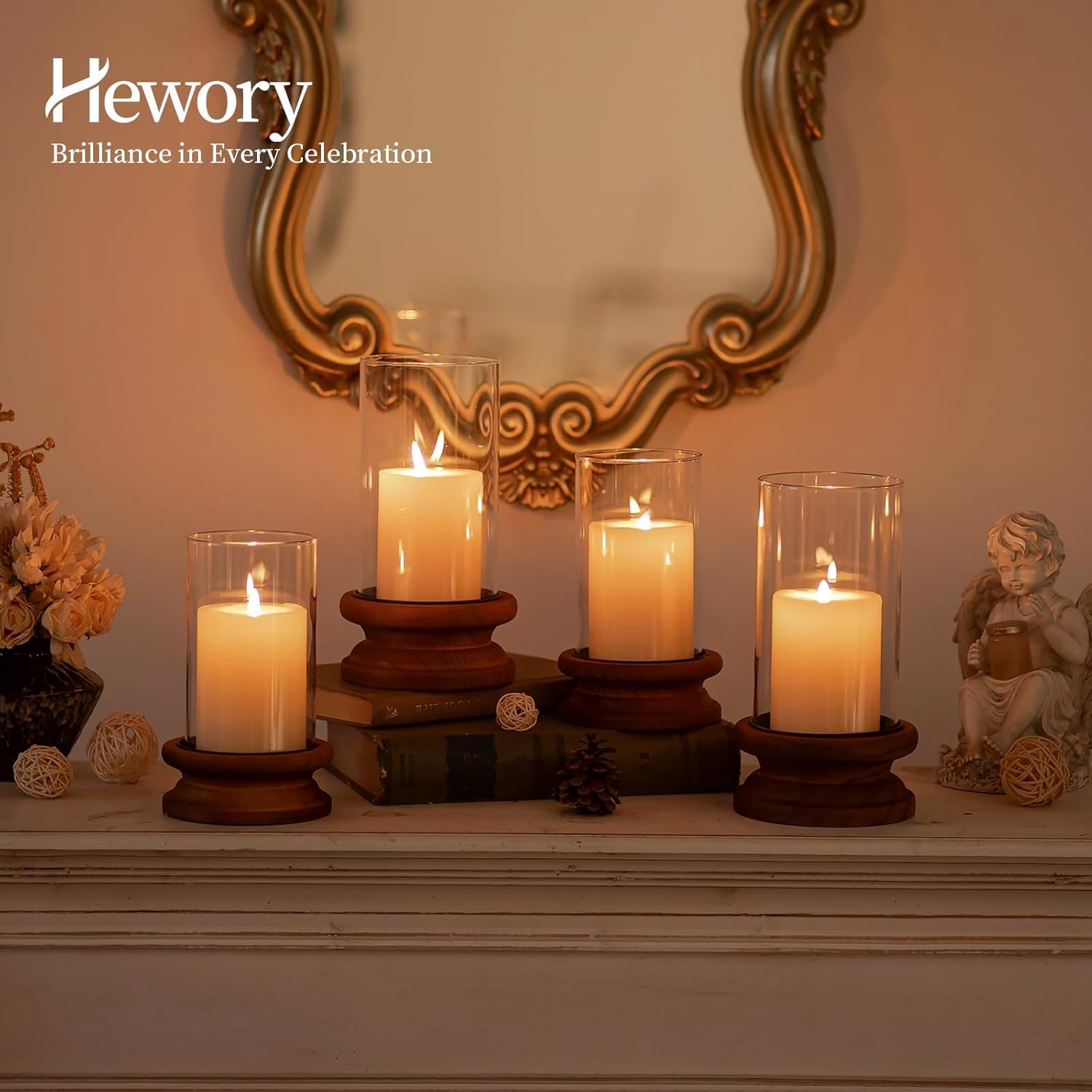 Hewory Hurricane Glass Candle Holder: 2PCS Rustic Brown Candle Holders for Pillar Candles, Vintage Decorative Wood Stand with Clear Glass Cover for Weddings Christmas Table Centerpiece Home Decor
