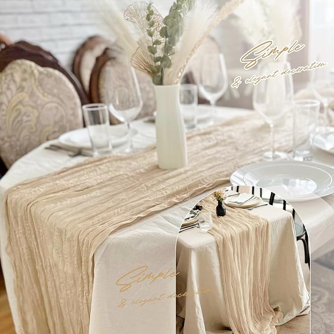 Aktor 12 Pack Beige Table Runner Boho Cheesecloth Table Runner Semi Sheer Gauze Fabric Runners for Wedding Birthday Baby Shower Party Boho Table Decoration（Beige）