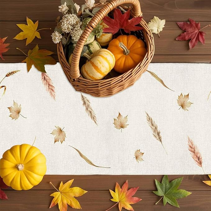 Fall Thanksgiving Cotton Linen Table Runner for Dining Kitchen, Orange Pumpkins Outdoor Party Autumn Tablerunners Decoration, Rustic Wheat Leaves Dresser Scarf Coffee Tablecloth Runners 13x60 Inches