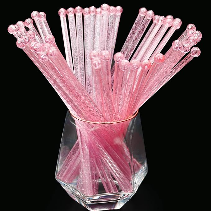 100-PCS Pink Glitter Plastic Swizzle Sticks, Crystal Cake Pops, Cocktail Coffee Drink Stirrers, Stir Sticks for Valentine's Day Christmas Party, 7.24 Inch