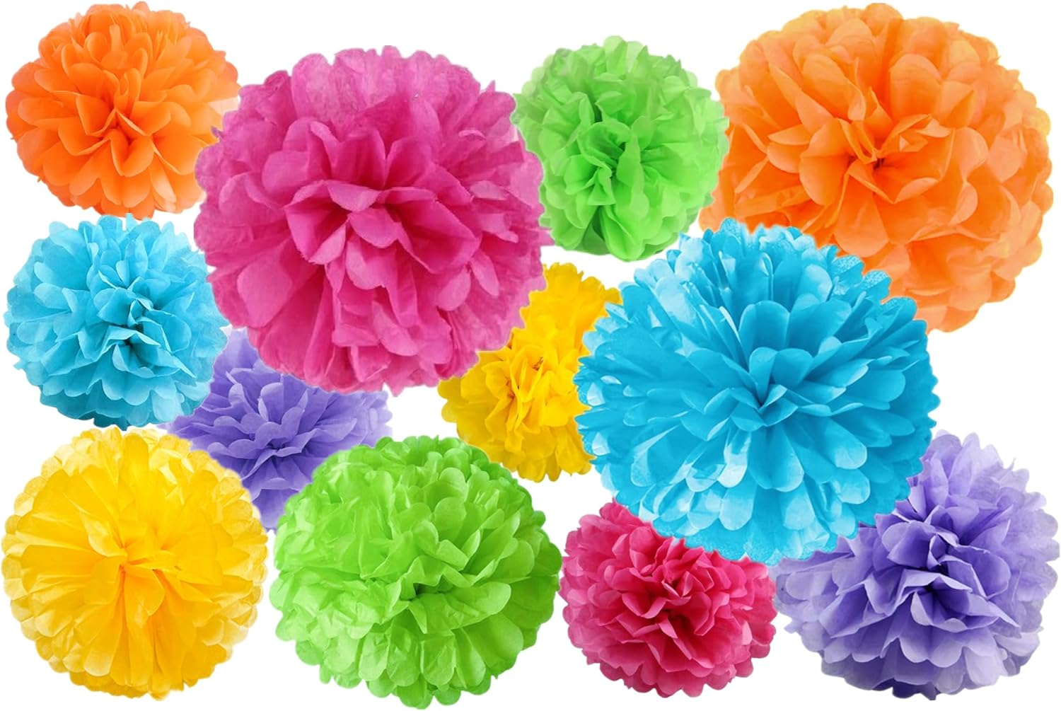 12pcs Colorful Paper Pom Poms Set for Party Decor (Mixed Size 8/10/12 Inch)